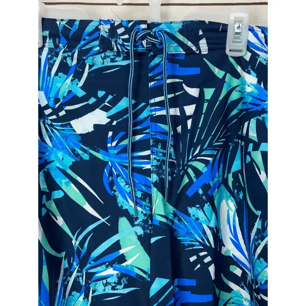 George Mens Swim Quick Dry SPF 50 At The Knees Trunks Blue Palm Leaves New Pocke